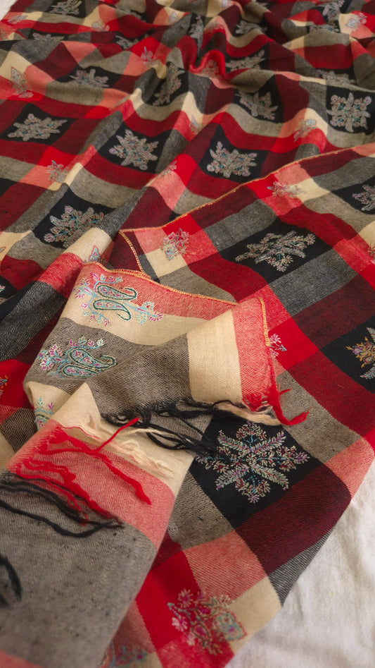 Kashmiri Pashmina Shawl- Checkered Embroidered Design